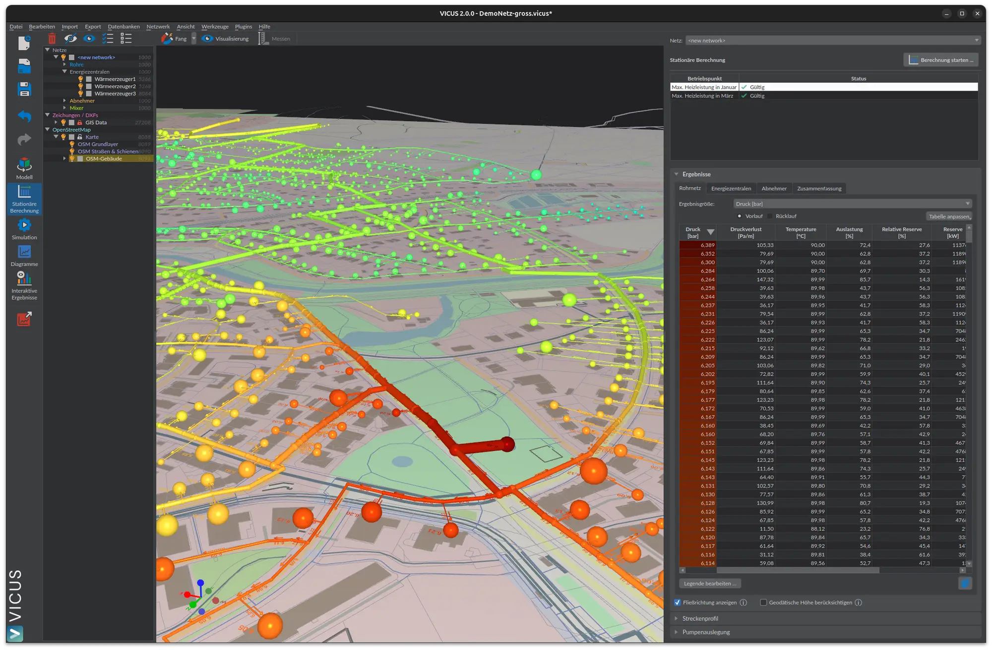 VICUS Districts — 3D-Quartiersansicht mit eingefärbtem Wärmenetz